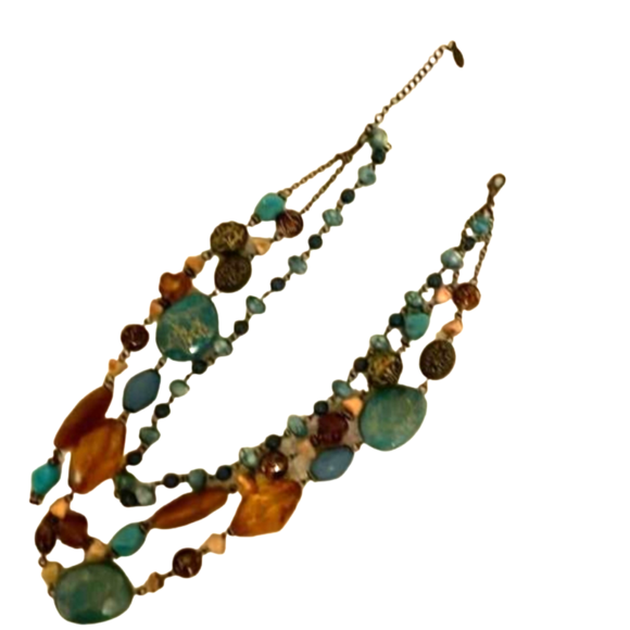 🌟 BOHO 3-Strand EsMor Clasp Beaded Earthy Green Amber Necklace 🌟 - Picture 2 of 6